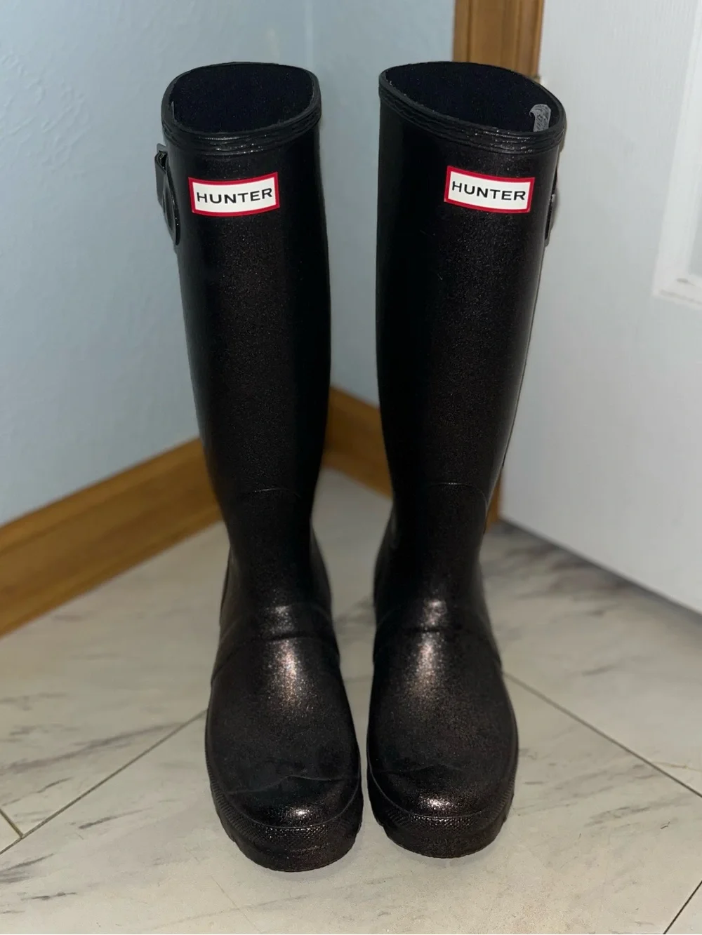 Hunter Original Starcloud Tall Rain Boots Size 7 Black/Dark Purple Glitter